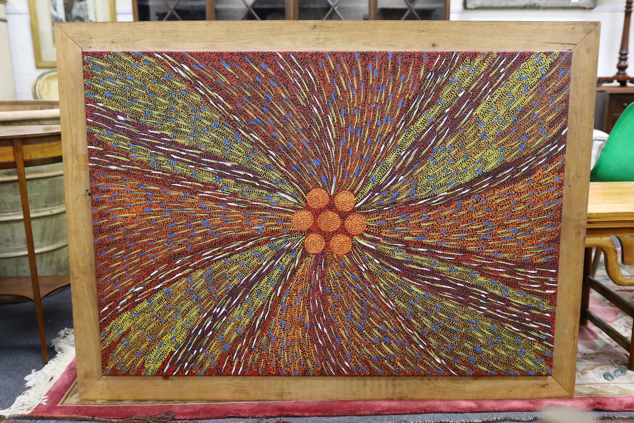 Janet Forrester Ngala (Australian, Aboriginal) c.1954, acrylic on canvas, Abstract seed pattern, 91 x 130cm